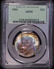 1964 P Kennedy Half Dollar PCGS MS66 30TH Anniversary Holder, Monster Toned Obv picture