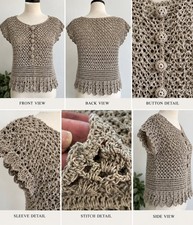Vintage Handmade Crochet Openwork Top Vest Taupe Scalloped Hem Crochet Buttons picture