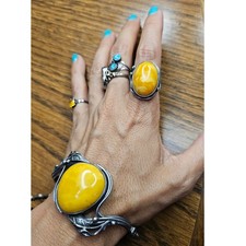 Vintage Art Nouveau Sterling Butterscotch Egg Yolk Amber Bracelet Ring Set picture
