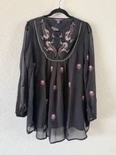 NWOT Roaman’s Black Beaded Boho Chiffon Tunic Blouse Women’s 16 W  picture