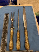 Antique Japanese Brass Handled Carving Set- From Meiji Period- KNife, Fork and s picture