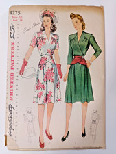 Simplicity 4275 Dress Hat Sewing Pattern Ladies 16 VTG 40's UC Wrap V Neck Easy picture