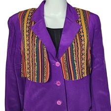Silk Boutique Womens Purple Blazer With Multicolor Striped Embroidery 100% Silk  picture
