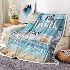 Ocean Beach Throw Blanket, Blue Seashell Starfish Microfiber Flannel Blanket picture
