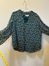 LOFT Women’s Green/White Floral V-Neck Button Ruffle Blouse Long Sleeve XL picture