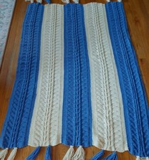 Vintage Granny Rectangle Afghan Hand Crochet Throw Blanket Blue & Cream 39x63 picture