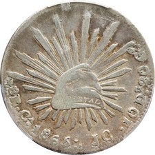 Mexico 8 Reales Ca 1865 J.C. Chihuahua, PCGS VF Details, Graffiti. KM# 377.2 picture