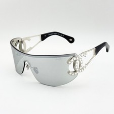CHANEL CH9579B Shield Sunglasses Silver Rimless Frame Grey Lens CC Crystal Logo picture