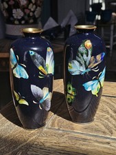 Japanese Ginbari Cloisonne Butterfly / Moth Vase Pair Japan Meiji 6