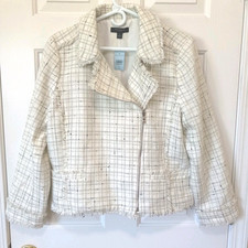 NWT ANN TAYLOR Women's Ivory Black Plaid Moto Jacket Casual Career Everyday 16P picture