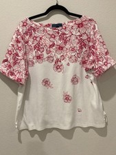 Karen Scott White Red Floral Border Print Boat Neck Top 2X picture