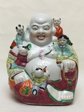 Old Chinese Famille Rose Porcelain Laughing Buddha with 5 Children & Stamp Mark picture