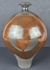 VTG MCM Studio Art Pottery Black Brown Abstract Expressionist Stoneware Moon Pot picture