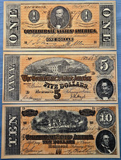 Lot of 3 Confederate States of America Bills $10 $5 $1 Whitman Series Currency picture