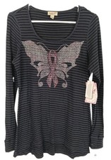 One World Tunic Women M Stripe Rhinestone Butterfly Pink Ribbon For The Cure NWT picture