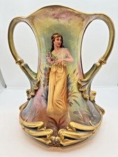 Antique Hand-Painted signed Royal Bonn porcelain portrait vase with handles  picture