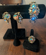 Vintage Hollycraft 1958 Aurora Borealis AB Rhinestone Braclet Ring Earring Set picture