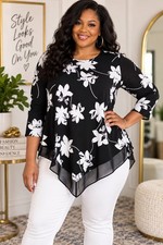 Alfani Women's Black And White Floral Print Hankerchief Hem Top - NWT - 2X picture