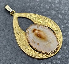 Vintage Gold Tone Natural Opihi Shell Teardrop Pendant Ornate Damascene Style picture
