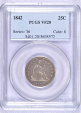 1842 SEATED LIBERTY QUARTER PCGS VF20 ORIGINAL LILAC GRAY LARGE DATE picture