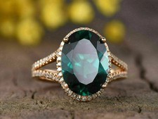 Oval Cut Emerald & Lab Created Diamond Wedding 14Ct Yellow Gold Finish Gift Ring picture