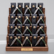 20pc Damascus Folding Knives Green Wood Brass Clip Point Pocketknife With Sheath picture