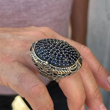 Mens Large Sapphire Ring 925 Sterling Silver Ottoman Micro Pave Handmade picture