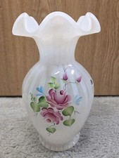 Fenton Opalescent Rib Optic Cottage Marthas Rose Aurora Vase Hand Painted Signed picture