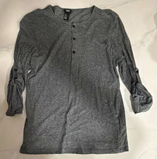 H&M Men's Gray Solid Henley T-Shirt Long Sleeve Cotton Jersey Button Size S picture