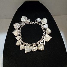 Vintage 'JCM' Sterling Silver Mauritius Puffy Heart Charm Bracelet 7.25 Inch picture