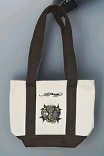 Y2K STYLE Ed Hardy Med. Tote Bag Tan/Brown Heart Love Logo Rhinestone Zip Lined picture