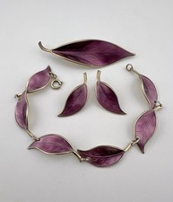 David Andersen Norway Purple Enamel Leaf Pattern Bracelet -Brooch - Earrings SET picture