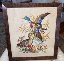 Framed MCM Finished Cross Stitch Mallard Ducks Water Scene Signed 1950 Grandpa picture