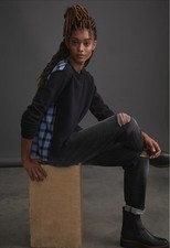Anthropologie Pilcro Womens Contrast Flannel Sweatshirt Black Blue Plaid Small picture