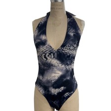 NEW COS Reversible Swimsuit Womens 12 Blue White Abstract Snakeskin Halter picture