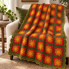 Vintage Handmade Granny Square Crochet Blanket Floral Afghan Green Orange 45x49 picture