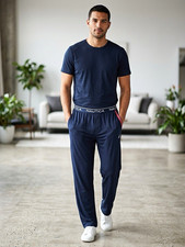 Nautica Men's 2-Piece Lounge Set Crew Neck Tee & Pants Elastic Waist Blue XL picture