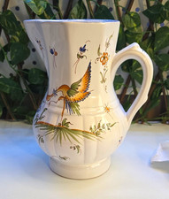 Vintage Hand Painted French Faience Moustiers Ceramic Pitcher, Birds & Floral  picture