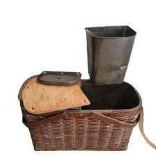 Antique Wooden Picnic Refrigerator Basket Hawkeye Style with Tin Inserts picture