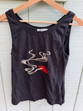 vintage Anna Molinari black cotton tank top Embroidered Lips Cigarette Sz XS picture
