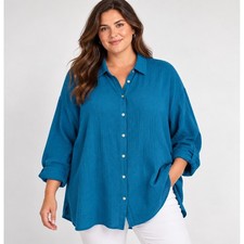 J. Jill 100% Linen Gauze Button Down Tunic Shirt Mediterranean Blue 3X NWT picture