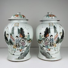 Pair Antique Chinese Republic Period Famille Rose Temple Jars Calligraphy 16