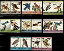 Nevis 1985 - Audubon Birds Art - 8 Stamp Pairs - Scott #407-14 - MNH picture