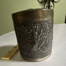 Antique Thai Cambodian Repousse Brass Tea Caddy Humidor Wood Lined Hanuman Box picture