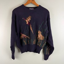Vintage JH Collectibles Blue Sweater Dog Duck Mallard Hounds 100% Pure Wool Sz M picture
