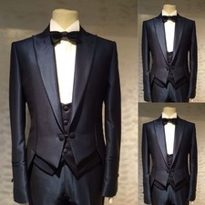 Black Satin Men Suits With Tail Prom Tuxedo Peak Lapel Formal Wear Wedding Groom picture