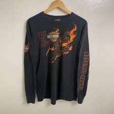 Vintage 2000s Harley Davidson Feel The Power Flaming Long Sleeve Shirt Black picture