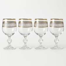 Bohemian Wine Glasses Lead Crystal Etched 24K Gold Rim Set of 4 Mint Vintage picture