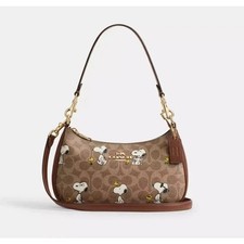 COACH x PEANUTS Teri Shoulder Bag Tan Brown Snoopy Print Signature Canvas CBJ88 picture