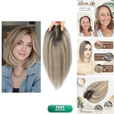 lagomance 12 inch Human Hair Topper Ombre Light Brown with Blond Highlight Mono picture